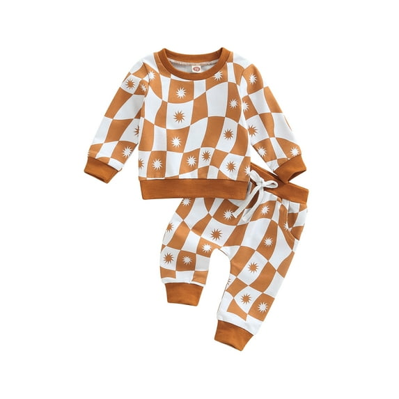 Bagilaanoe 2Pcs Newborn Baby Girl Boy Long Pants Set Plaid Sun Print Long Sleeve Sweatshirt Pullover Tops+ Trousers 6M 12M 18M 24M 3T Fall Casual Sweatsuit
