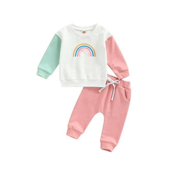 Bagilaanoe 2Pcs Newborn Baby Girl Boy Long Pants Set Rainbow Long Sleeve Sweatshirt Pullover Tops+ Trousers 6M 12M 18M 24M 3T Casual Sweatsuit