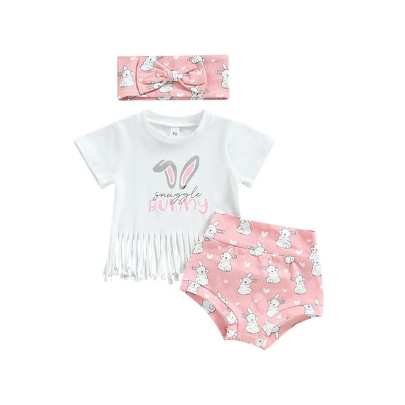 Bagilaanoe 2Pcs Newborn Baby Girl Easter Outfits Print Short Sleeve Tassel T-shirt Tops + Shorts 6M 9M 12M 18M 24M Infant Short Pants Set