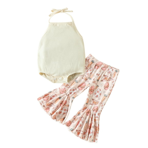 Bagilaanoe 2Pcs Newborn Baby Girl Long Pants Set Sleeveless Ribbed Romper Tops   Cartoon Print Flare Trousers 6M 12M 18M 24M Infant Casual Outfits