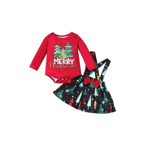 Bagilaanoe 2Pcs Newborn Baby Girls Christmas Outfits Christmas Tree Print Long Sleeve Romper Tops   Suspender Skirt 3M 6M 9M 12M 18M Infant Overalls Dress Set