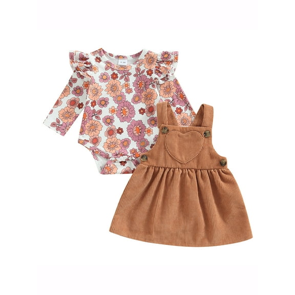Bagilaanoe 2Pcs Newborn Baby Girls Overalls Dress Set Floral Print Long Sleeve Ruffle Romper Tops   Corduroy Suspender Skirt 3M 6M 9M 12M 18M Infant Casual Outfits