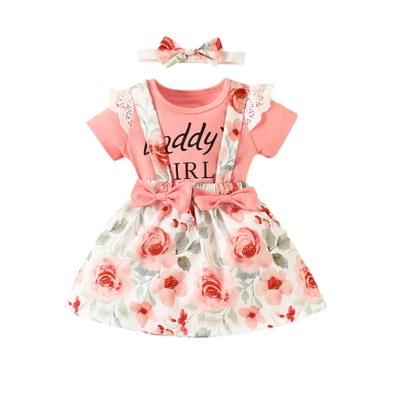Bagilaanoe 2Pcs Newborn Baby Girls Overalls Dress Set Short Sleeve Romper Tops + Floral Suspender Skirt + Headband 3M 6M 9M 12M 18M Infant Casual Outfits