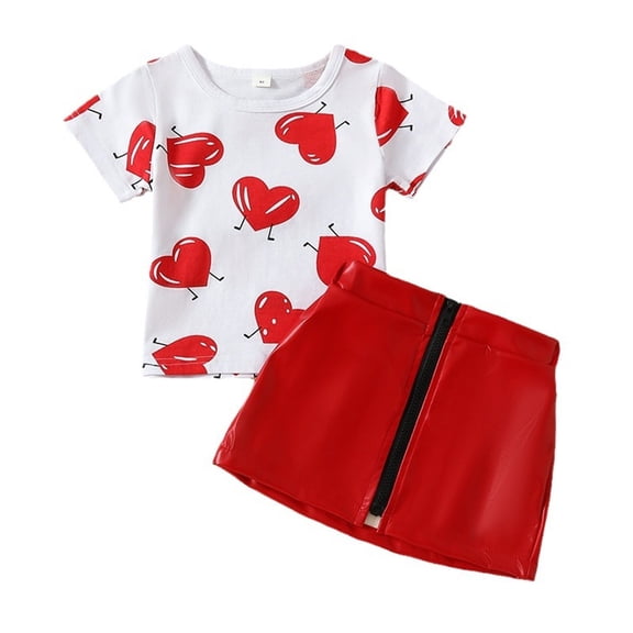 Bagilaanoe 2Pcs Newborn Baby Girls Valentine's Day Clothes Heart Print Short Sleeve T-Shirts Tops   Skirt 6M 12M 18M 24M 3T 4T Kids Casual Skirt Set
