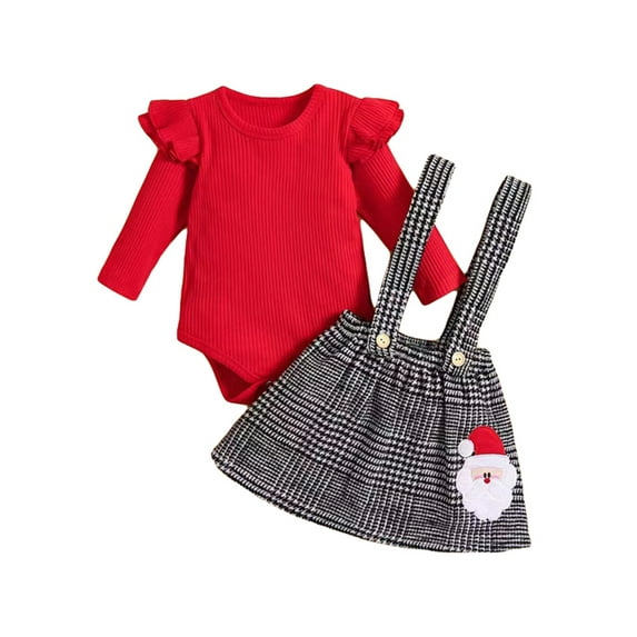 Bagilaanoe 2Pcs Newborn Christmas Outfits Baby Girls Overalls Dress Set Ribbed Long Sleeve Rompers Tops + Santa Embroidery Plaid Suspender Skirt 3M 6M 12M 18M Infant Casual Clothes