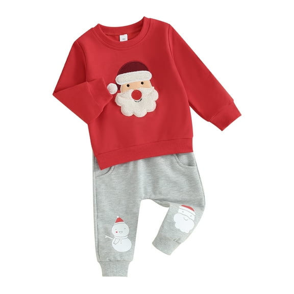 Bagilaanoe 2Pcs Toddler Baby Boy Christmas Clothes Santa/Elk Embroidery Long Sleeve Sweatshirt Tops + Sweatpants 6M 9M 12M 18M 24M 3T Kids Fall Pants Set