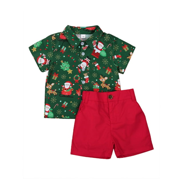 Bagilaanoe 2Pcs Toddler Baby Boy Christmas Outfits Print Short Sleeve