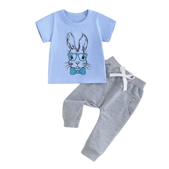 Bagilaanoe 2Pcs Toddler Baby Boy Easter Clothes Print Short Sleeve T-shirts Tops   Sweatpants 6M 12M 18M 24M 3T Kids Casual Sweatsuits Pants Set