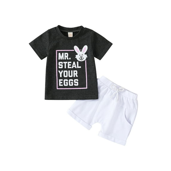 Bagilaanoe 2Pcs Toddler Baby Boy Easter Outfits Bunny Letter Print Short Sleeve T-shirt Tops + Shorts 6M 12M 18M 24M 3T Kids Short Pants Set