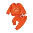 thumbnail image 1 of Bagilaanoe 2Pcs Toddler Baby Boy Girls Halloween Outfits Pumpkin Print Long Sleeve Sweatshirt Tops + Sweatpants 6M 12M 18M 24M 3T 4T Kids Long Pants Set, 1 of 9