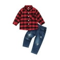 thumbnail image 1 of Bagilaanoe 2Pcs Toddler Baby Boys Christmas Outfits Letter Print Long Sleeve Plaid Shirt Tops + Jeans Denim Trousers 1T 2T 3T 4T 5T 6T Kids Fall Long Pants Set, 1 of 9