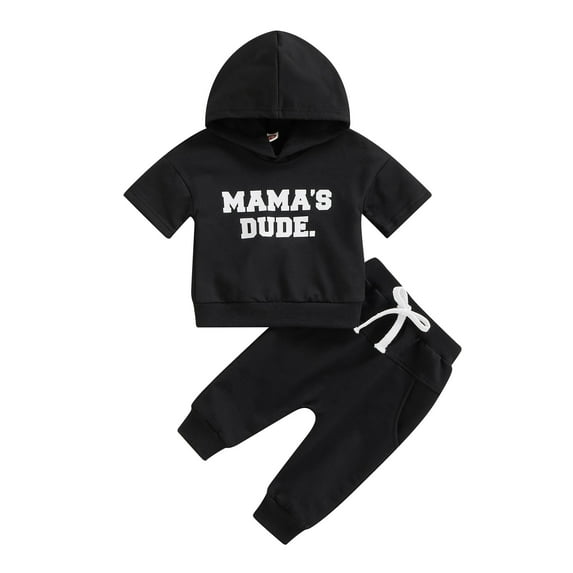 Bagilaanoe 2Pcs Toddler Baby Boys Long Pants Set Letters Print Short Sleeve Hooded T-Shirt Tops + Trousers 6M 12M 18M 24M 3T Kids Casual Outfits