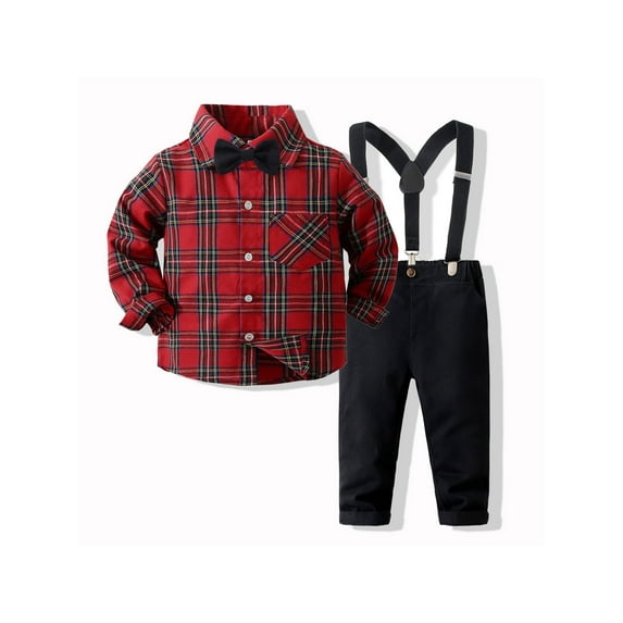 Bagilaanoe 2Pcs Toddler Baby Boys Overalls Set Long Sleeve Plaid Shirt Tops + Suspender Pants 1T 2T 3T 4T 5T 6T Kids Gentleman Formal Clothes