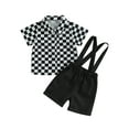 thumbnail image 1 of Bagilaanoe 2Pcs Toddler Baby Boys Overalls Shorts Set Checkerboard Print Short Sleeve Shirt Tops + Suspender Short Pants 6M 12M 24M 3T 4T Kids Gentleman Formal Outfits, 1 of 8