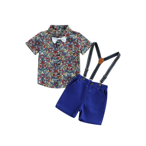 Bagilaanoe 2Pcs Toddler Baby Boys Overalls Shorts Set Flower Print Short Sleeve Shirt Tops with Bow Tie + Suspender Short Pants 12M 24M 3T 4T 5T 6T Kids Gentleman Formal Outfits
