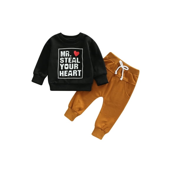 Bagilaanoe 2Pcs Toddler Baby Boys Valentine’s Day Outfits Heart Letters Print Long Sleeve Pullover Tops   Sweatpants 6M 12M 18M 24M 3T Kids Long Pants Set