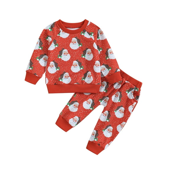 Bagilaanoe 2Pcs Toddler Baby Girl Boy Christmas Clothes Santa Print Long Sleeve Sweatshirt Tops + Sweatpants 6M 12M 18M 24M 3T Kids Fall Pants Set