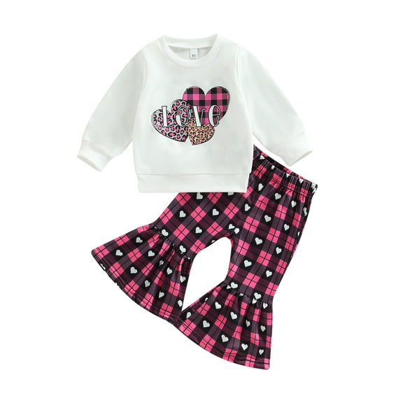 Bagilaanoe 2Pcs Toddler Baby Girl Boy Valentine's Day Outfits Letter Heart Print Long Sleeve Pullover Tops   Flare Trousers 6M 12M 18M 24M 3T 4T Kids Long Pants Set