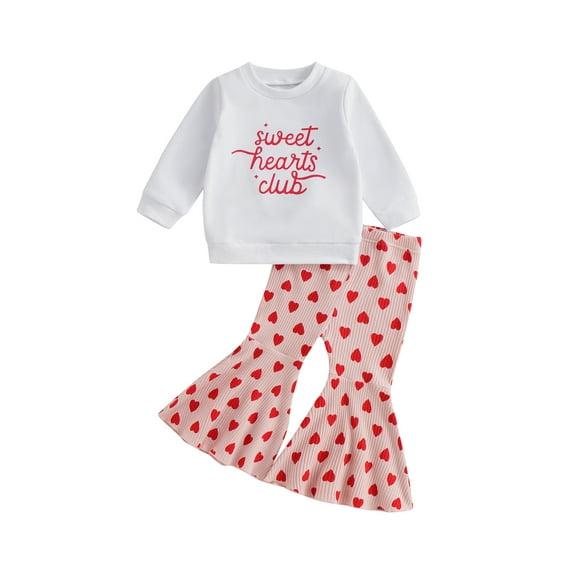 Bagilaanoe 2Pcs Toddler Baby Girl Boy Valentine's Day Outfits Letter Print Long Sleeve Pullover Tops + Flared Trousers 3M 6M 12M 18M 24M 3T 4T Kids Long Pants Set