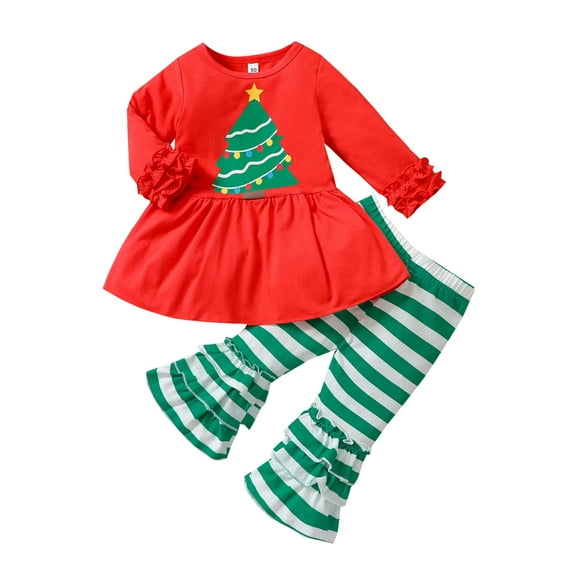 Bagilaanoe 2Pcs Toddler Baby Girl Christmas Outfits Christmas Tree Print Long Sleeve A Line Dress Tops + Striped Flared Trousers 6M 12M 18M 24M 3T 4T Kids Fall Long Pants Set