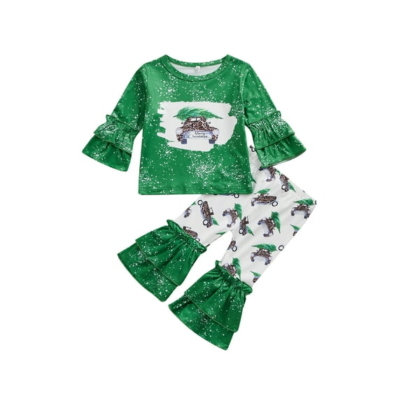 Bagilaanoe 2Pcs Toddler Baby Girl Christmas Outfits Truck Print Long Sleeve T-Shirt Tops + Flare Trousers 6M 12M 18M 24M 3T 4T Kids Fall Long Pants Set