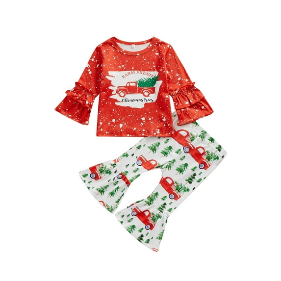 Bagilaanoe 2Pcs Toddler Baby Girl Christmas Outfits Truck Print Long Sleeve T-Shirt Tops + Flare Trousers 6M 12M 18M 24M 3T 4T Kids Fall Long Pants Set