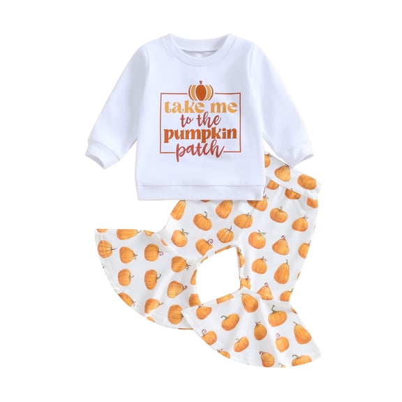Bagilaanoe 2Pcs Toddler Baby Girl Halloween Clothes Pumpkin Print Long Sleeve Sweatshirt Tops   Flare Trousers 6M 12M 18M 24M 3T 4T Kids Long Pants Set