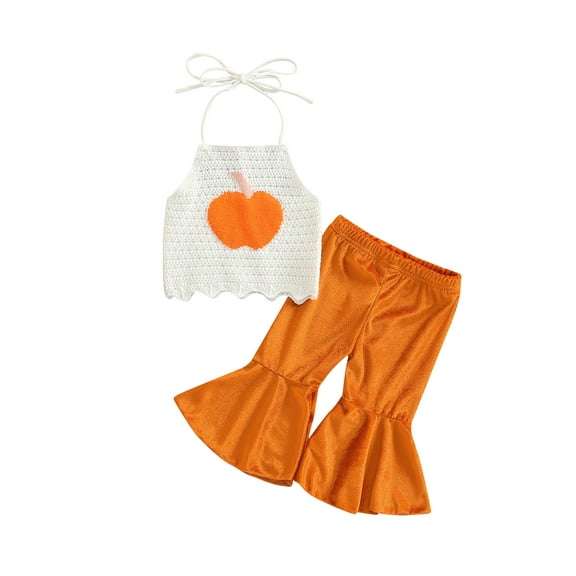 Bagilaanoe 2Pcs Toddler Baby Girl Long Pants Set Knitted Pumpkin Halter Sleeveless Tank Tops Flared Trousers 6M 12M 18M 24M 3T 4T 5T Halloween Outfits