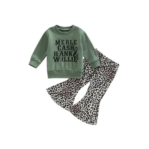Bagilaanoe 2Pcs Toddler Baby Girl Long Pants Set Letter Print Long Sleeve Sweatshirt Pullover Tops + Leopard Print Flare Trousers 6M 12M 18M 24M 3T 4T Kids Casual Sweatsuit