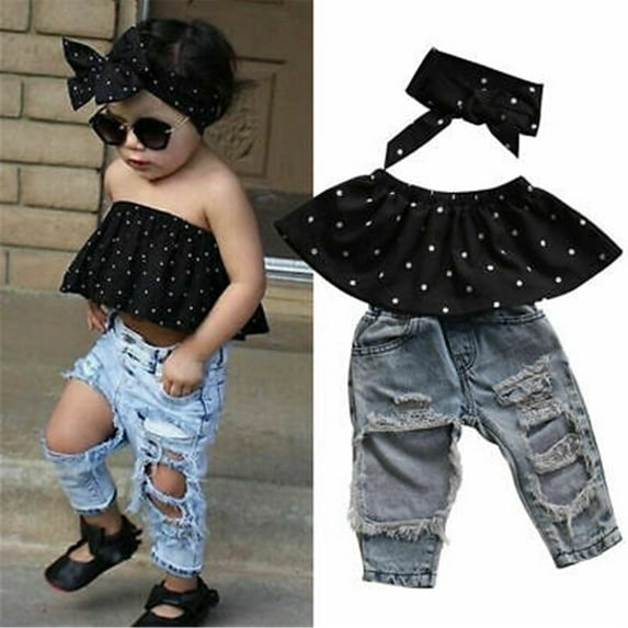 Bagilaanoe 2Pcs Toddler Baby Girl Long Pants Set Off Shoulder Tops + Ripped Jeans Trousers 6M 12M 18M 24M 3T Kids Casual Outfits