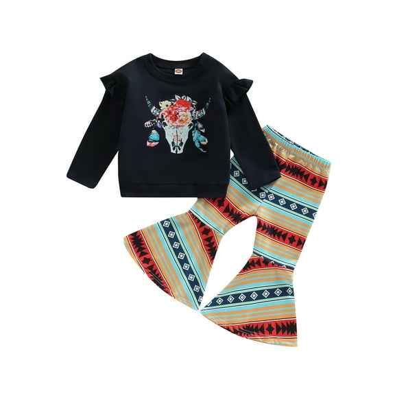 Bagilaanoe 2Pcs Toddler Baby Girl Long Pants Set Print Long Sleeve Ruffled Pullover Tops+ Flare Trousers 6M 12M 18M 24M 3T 4T Kids Casual Sweatsuit
