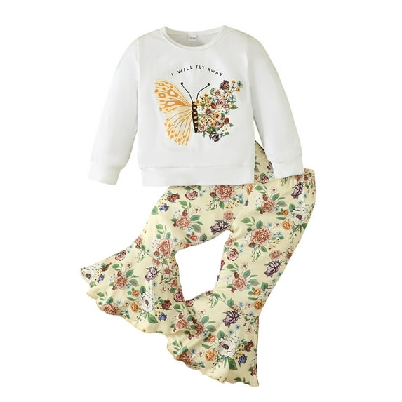 Bagilaanoe 2Pcs Toddler Baby Girl Long Pants Set Long Sleeve Butterfly Print T-Shirts Tops + Floral Flare Trousers 12M 18M 24M 3T 4T Kids Casual Outfits