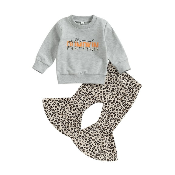 Bagilaanoe 2Pcs Toddler Baby Girl Thanksgiving Outfits Letters Print Long Sleeve Sweatshirt Tops   Leopard Flare Trousers 6M 12M 18M 24M 3T Kids Long Pants Set