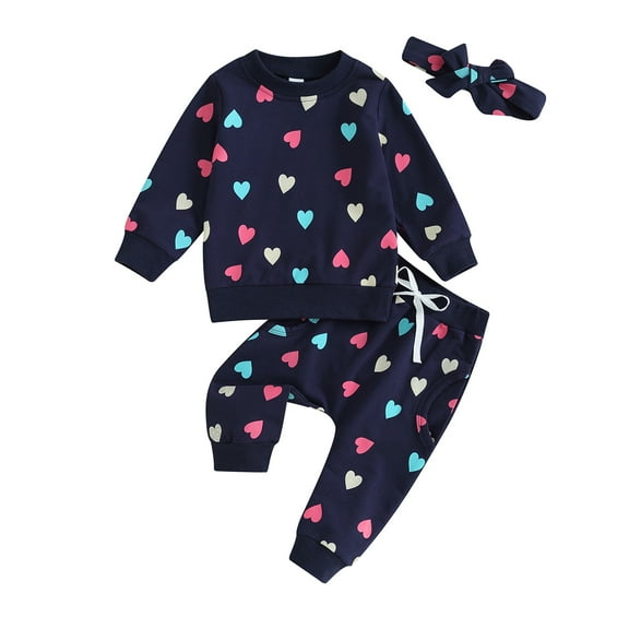 Bagilaanoe 2Pcs Toddler Baby Girl Valentine's Day Clothes Heart Print Long Sleeve Sweatshirt Tops Sweatpants Headband 6M 12M 18M 24M 3T Kids Pants Set