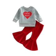 Bagilaanoe 2Pcs Toddler Baby Girl Valentine's Day Outfits Letter Heart Print Long Sleeve Sweatshirts Tops + Velvet Flared Trousers 6M 12M 18M 24M 3T 4T Kids Long Pants Set