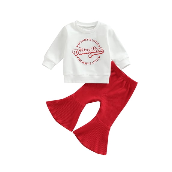 Bagilaanoe 2Pcs Toddler Baby Girl Valentine's Day Outfits Letter Print Long Sleeve Pullover Tops + Flare Trousers 6M 9M 12M 18M 24M 3T Kids Fall Long Pants Set