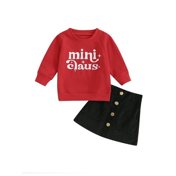 Bagilaanoe 2Pcs Toddler Baby Girls Christmas Clothes Letters Print Long Sleeve Sweatshirt Tops   A-Line Skirt 6M 12M 18M 24M 3T 4T Kids Casual Skirt Set