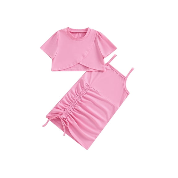 Bagilaanoe 2Pcs Toddler Baby Girls Dress Sets Short Sleeve T-Shirt + Sleeveless Drawstring Dress 12M 18M 24M 3T 4T 5T Kids Summer Clothes
