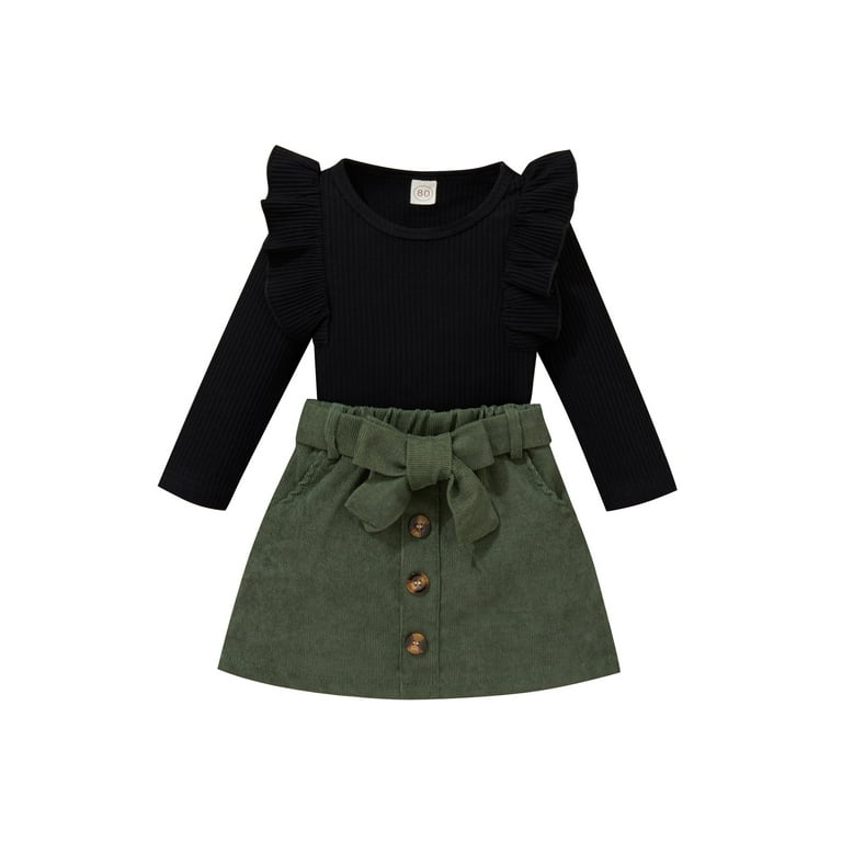 Bagilaanoe 2Pcs Toddler Baby Girls Fall Casual Outfits Ribbed Long Sleeve Ruffled Tops Mini Skirt with Belt 9M 12M 18M 24M 3T 4T Kids Skirt Set