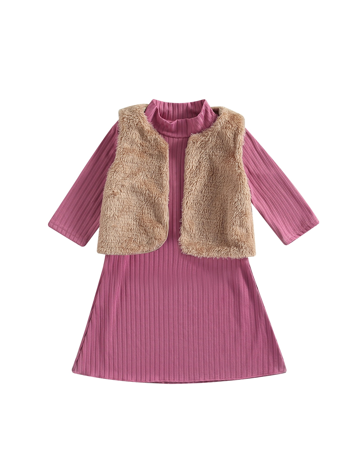 Bagilaanoe 2Pcs Toddler Baby Girls Fall Clothes Half Turtleneck Half Sleeve Ribbed Knit Dress