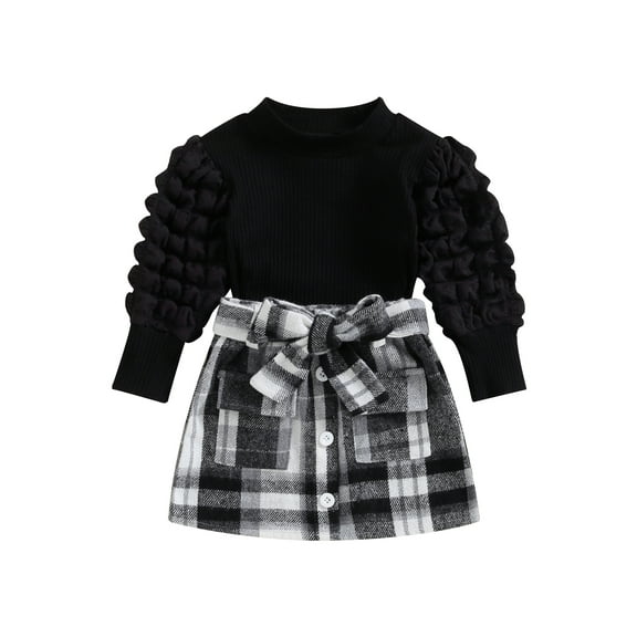 Bagilaanoe 2Pcs Toddler Baby Girls Fall Clothes Long Sleeve T-shirt Tops   Skirt with Belt 9M 12M 18M 24M 3T 4T Kids Casual Skirt Set