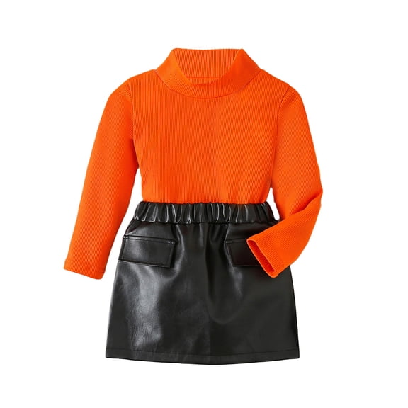 Bagilaanoe 2Pcs Toddler Baby Girls Fall Clothes Mock Neck Long Sleeve Ribbed Tops + PU Leather Skirts 6M 12M 18M 24M 3T 4T Kids Casual Skirt Set