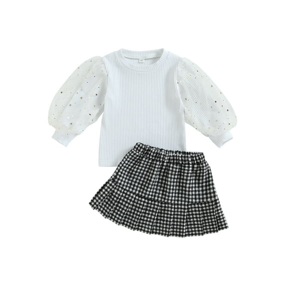 Bagilaanoe 2Pcs Toddler Baby Girls Fall Clothes Sequins Puff Long Sleeve Tops + Pleated Plaid Skirt 12M 18M 24M 3T 4T 5T Kids Casual Skirt Set