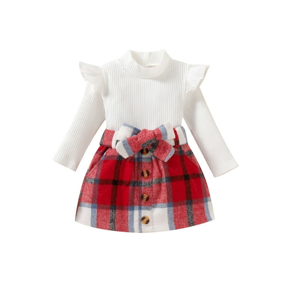 Bagilaanoe 2Pcs Toddler Baby Girls Fall Outfits Long Sleeve Knit Ruffle Turtleneck Tops + Plaid Skirt with Belt 9M 12M 18M 24M 3T 4T Kids Casual Skirt Set