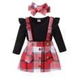 thumbnail image 1 of Bagilaanoe 2Pcs Toddler Baby Girls Fall Outfits Long Sleeve Romper Tops + Plaid Suspender Skirt + Headband 6M 12M 18M 24M 3T Kids Overalls Dress Set, 1 of 8