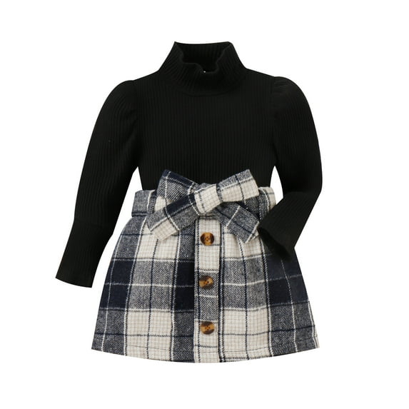 Bagilaanoe 2Pcs Toddler Baby Girls Fall Outfits Long Sleeve Turtleneck Knitting Tops + Plaid Skirt with Waist Belt 6M 12M 18M 24M 3T 4T Kids Casual Skirt Set