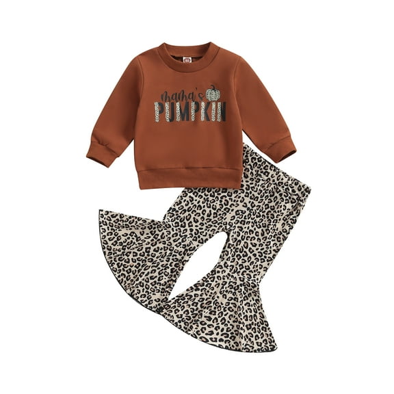 Bagilaanoe 2Pcs Toddler Baby Girls Halloween Outfits Letter Print Long Sleeve Sweatshirt Tops + Pumpkin Flare Trousers 6M 12M 18M 24M 3T 4T Kids Long Pants Set