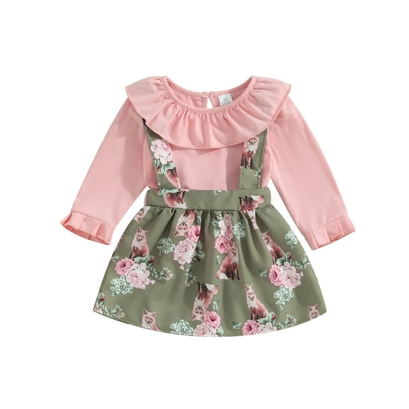Bagilaanoe 2Pcs Toddler Baby Girls Overalls Dress Set Long Sleeve Tops + Floral Suspender Skirt 12M 18M 24M 3T 4T 5T Kids Casual Clothes