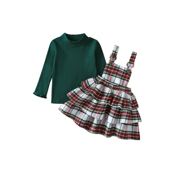 Bagilaanoe 2Pcs Toddler Baby Girls Overalls Dress Set Ribbed Long Sleeve Turtleneck Pullover Tops + Plaid Ruffle Suspender Skirt 12M 18M 24M 3T 4T 5T Kids Christmas Outfits