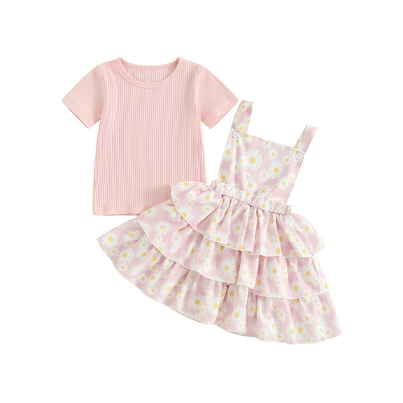 Bagilaanoe 2Pcs Toddler Baby Girls Overalls Dress Set Ribbed Short Sleeve Tops + Daisy Suspender Skirt 18M 24M 3T 4T 5T 6T Kids Casual Clothes